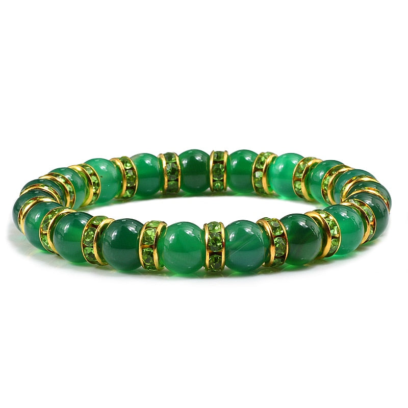 Vintage Stretch 8mm Beads Bracelet Natural Stone Green Chalcedony Rhinestone Bracelets