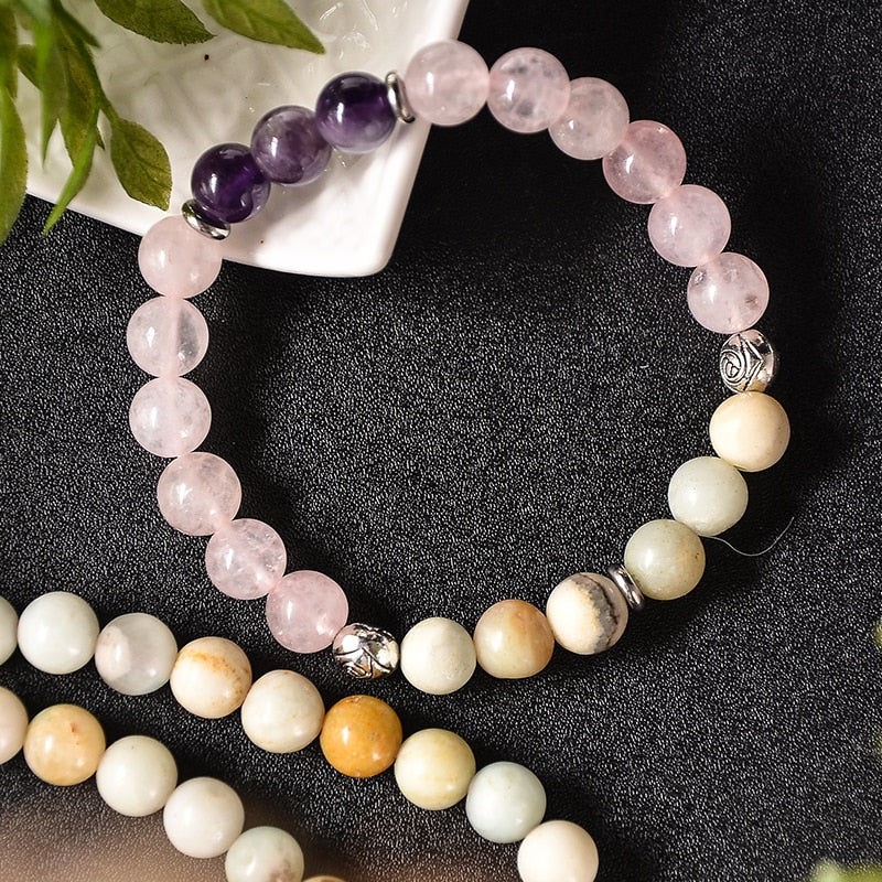 8mm Natural Amethyst Rose Quartz Amazonite Beaded Necklace