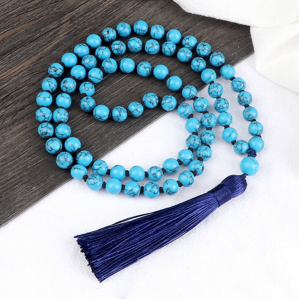 108 Mala Beads Necklace Women Natural Blue Pine Stone Beaded Knotted Tassel Pendant Long Necklace