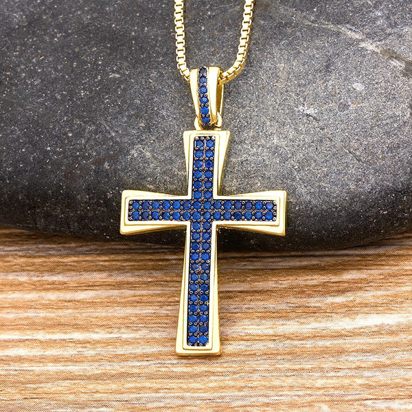 New Design Cross Blue Crystal Pendant Chain Necklace