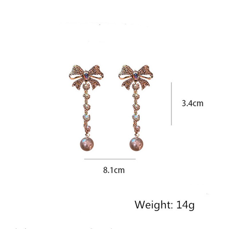 Korean Style Bowknot Rhinestone Dangle Earrings for Women Long Tassel Pearl Earrings