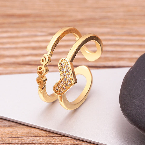 New Luxury Zircon Gold Double Layer Opening Heart Rings For Women