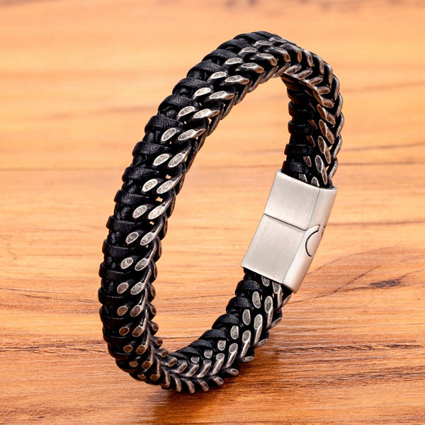 Luxury Vintage Handmade Leather Braid Men Bracelet Stainless Steel Buckle Business Bangles