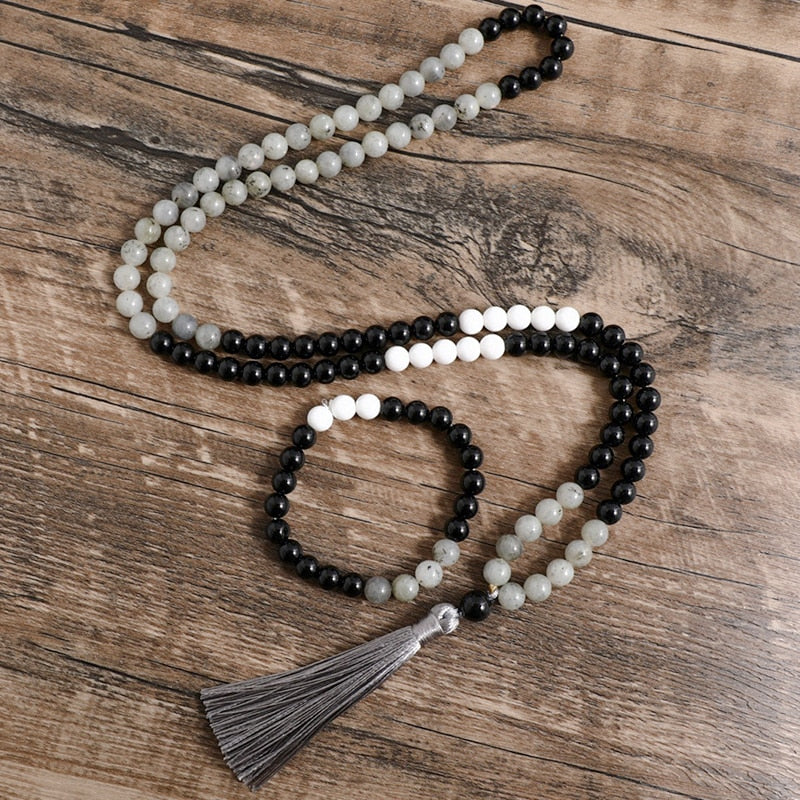 8mm Natural Labradorite Black Onyx Porcelain White Stone Mala Necklace