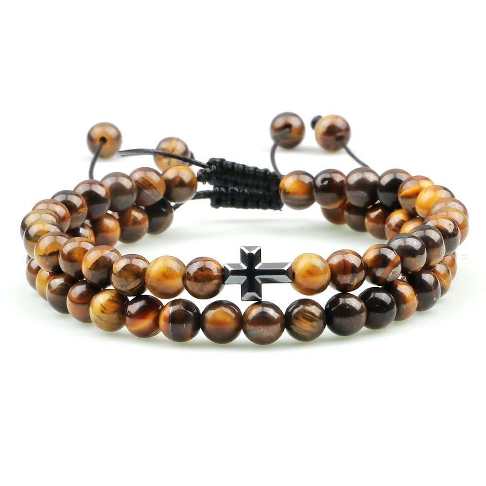 Couples Distance Beads Bracelet Fashion Hematite Cross Tiger Eye Stone Bracelets