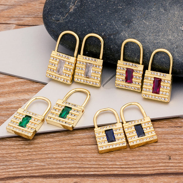 Fashion High Quality Punk Style Lock Earrings Padlock Pendant Copper CZ Earrings For Women