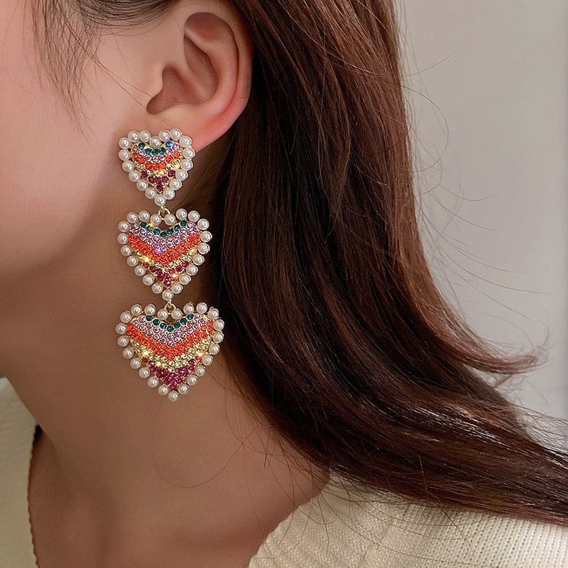 Sweet Pearl Love Heart Earrings Colorful Rhinestone Dangle Earrings Women