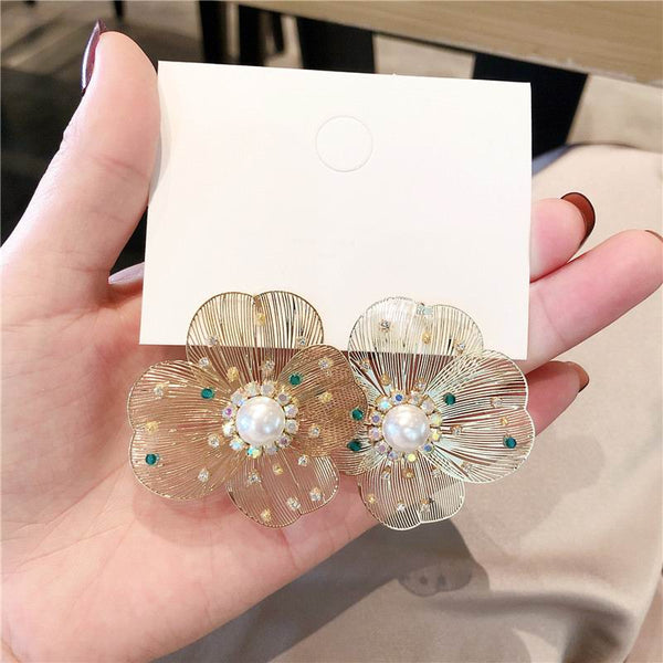 Fashion Rhinestone Paved Big Metallic Flower Earrings For Women