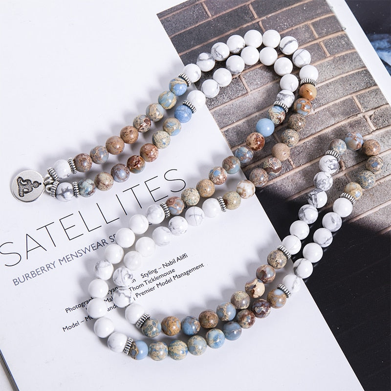 8mm Natural Howlite Emperor Jasper Beaded Elastic Cord Wrap Bracelet