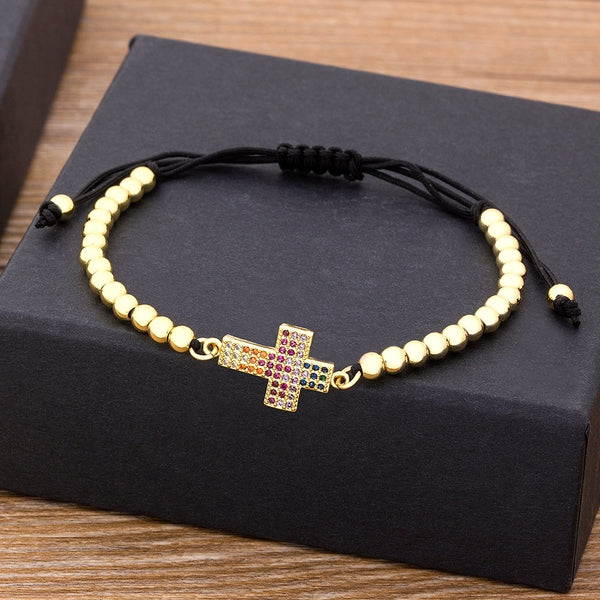 New Trendy Jesus Cross Bracelet 4mm Copper CZ Beads Handmade Adjustable Bangle for Women