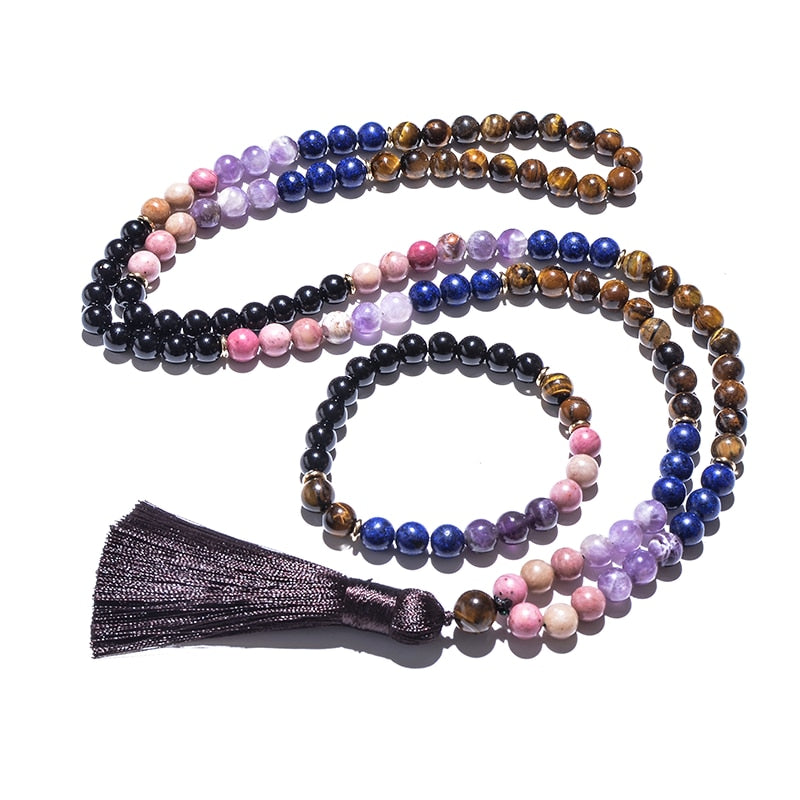 108 Rosary 8mm Tiger Eye Lapis Lazuli Amethyst Black Agate Beaded Japamala Necklace Bracelet