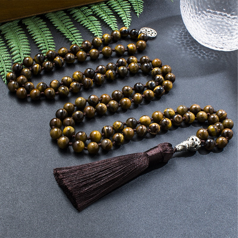 8mm Natural Yellow Tiger Eye Japamala Necklace Meditation Yoga Jewelry Set