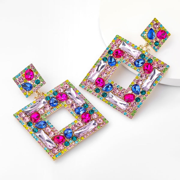 Fashion Multi-layer Square Metal Rhinestone Glass Earrings Women