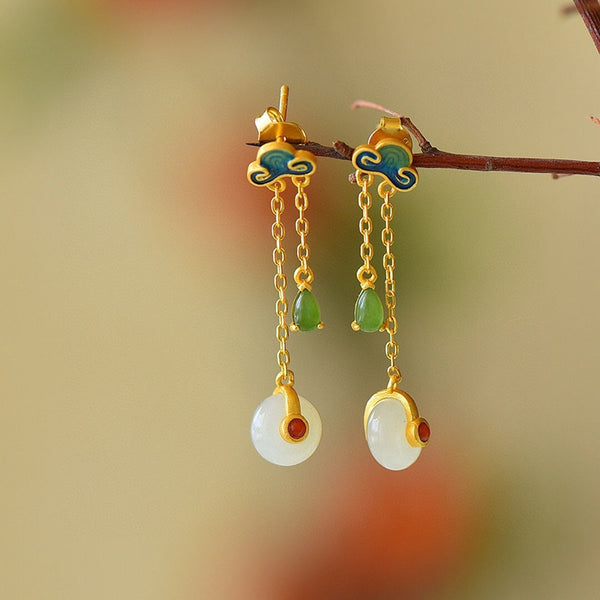 natural Hetian jade round enamel porcelain auspicious cloud tassel long earrings