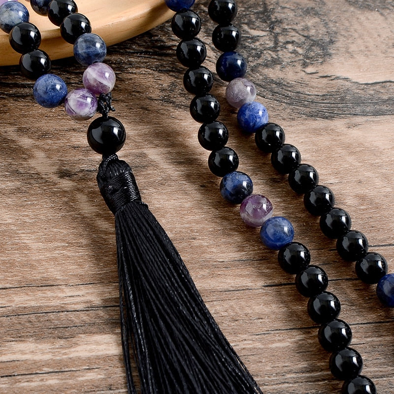 8mm Natural Black Onyx Amethyst Blue Sodalite Stone Beaded Necklace