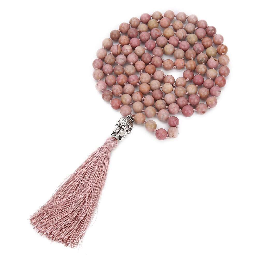 108 Mala Rhodolite Beaded Hand-Knotted Buddha Head Pendant