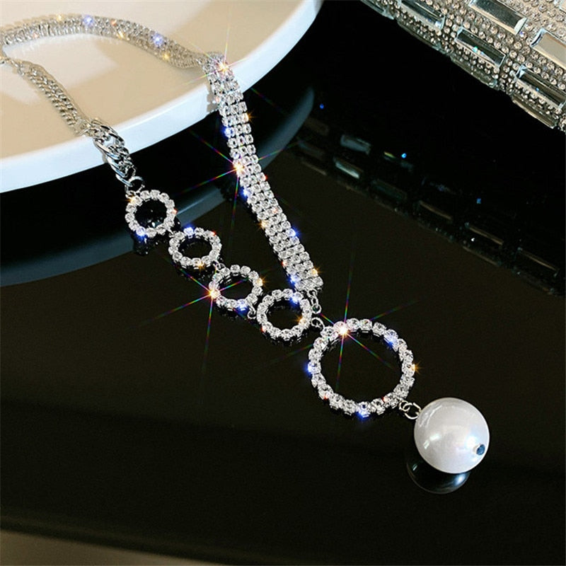 Geometric Circle Rhinestone Choker Necklaces for Women Clavicle Chain Pearl Pendant Necklaces