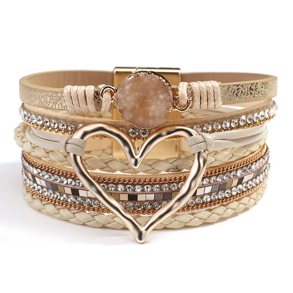 Fashion Braided Leather Wrap Bracelets Bangles Multilayer Resin Stone Hollow Heart Charm Bracelets