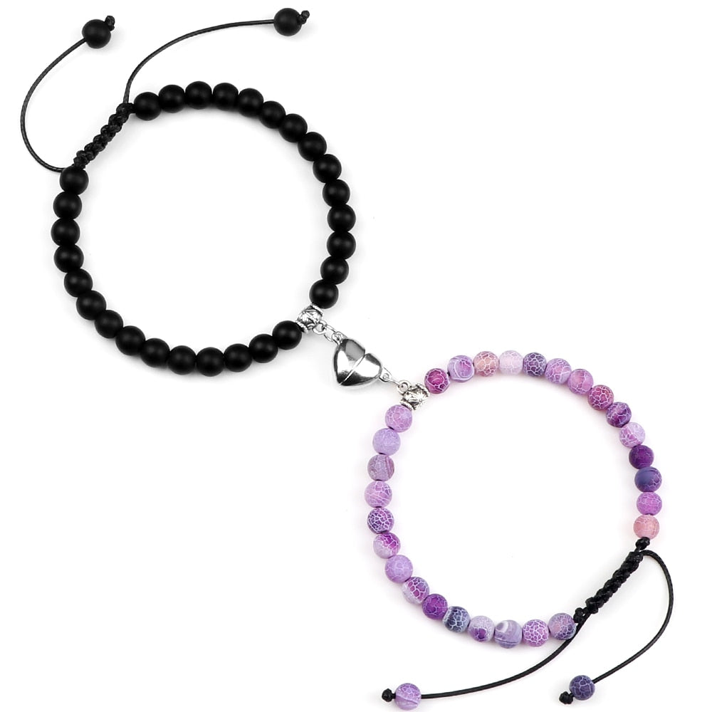 Fashion 2pcs/set Natural Stone Beads Bracelets Handmade Braid Adjustable Magnet Heart Lovers Bracelet