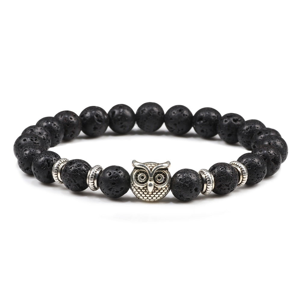 Owl Head Buddha 8mm Round Bead Bracelets Charm Natural Black Lava Volcanic Stone Bracelet