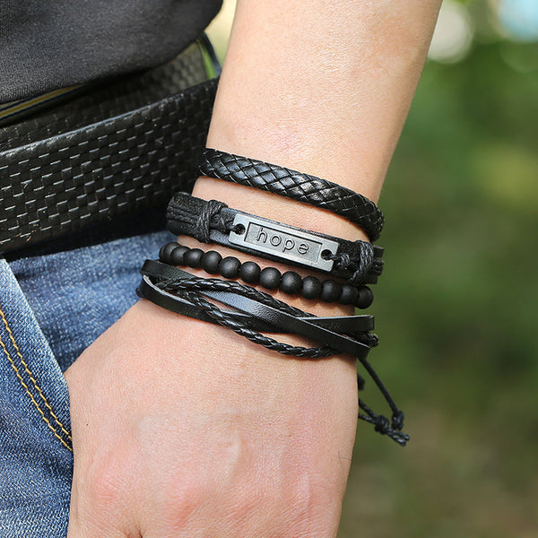 Vintage 4 pcs/set Punk Multilayer Braided Leather Bracelet