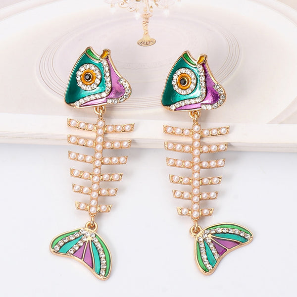 New Colorful Fish Crystal Drop Dangle Earring Statement Rhinestone Handmade Earrings