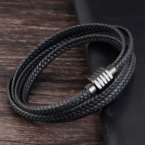 Black Stainless Steel Clasp Multi Layer Braid Rope Chain Wristband Vintage Gifts