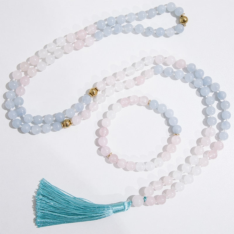 108Japamala Beaded Necklace 8mm Rose Quartz White  Yoga Blessing Bracelet Jewelry Rosary Sets