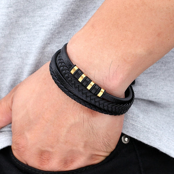 Classic Multi-layer Luxury Style Stainless Steel Men Leather Bracelet