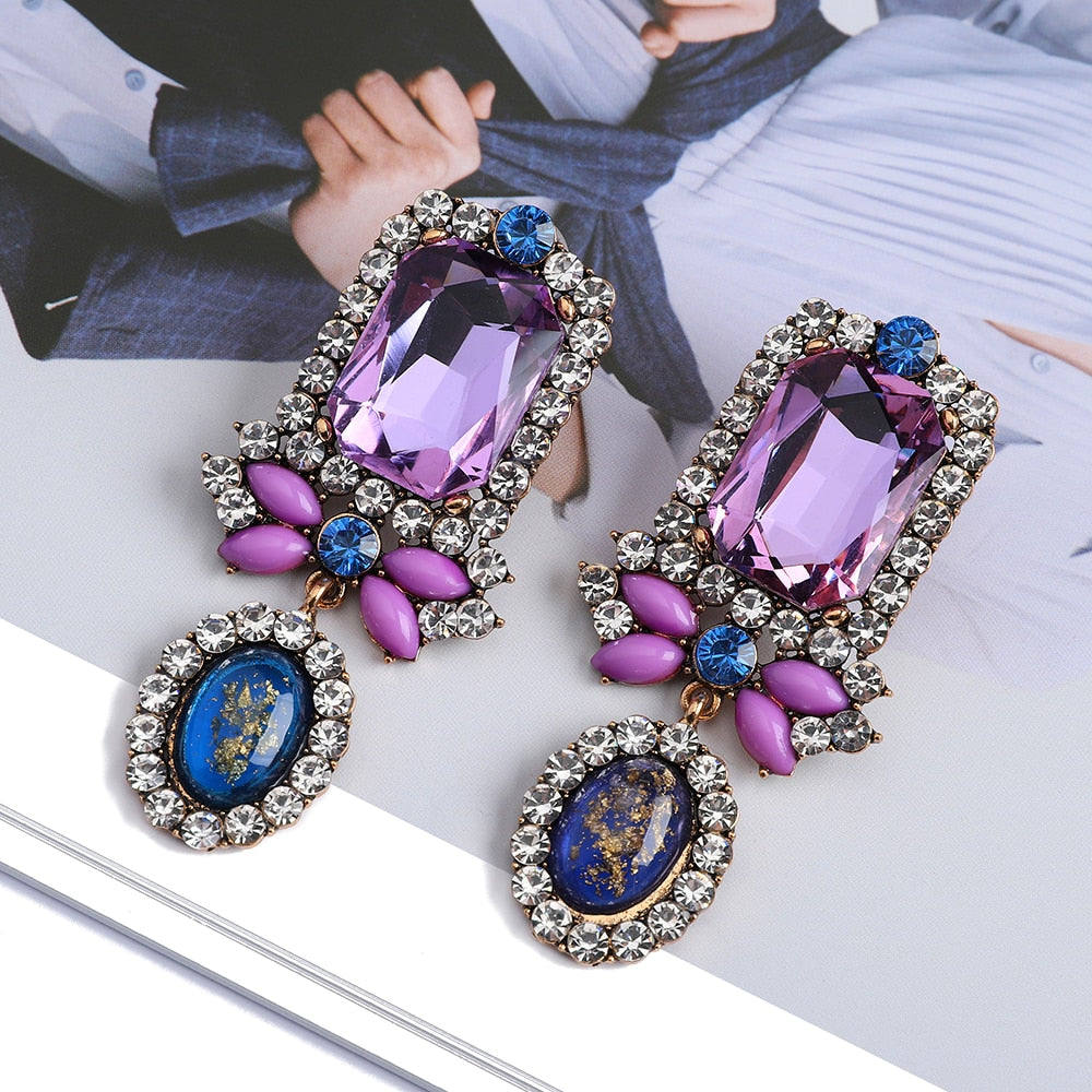 Purple Big Dangle Earrings Luxury Charm Square Clear Crystal Earrings