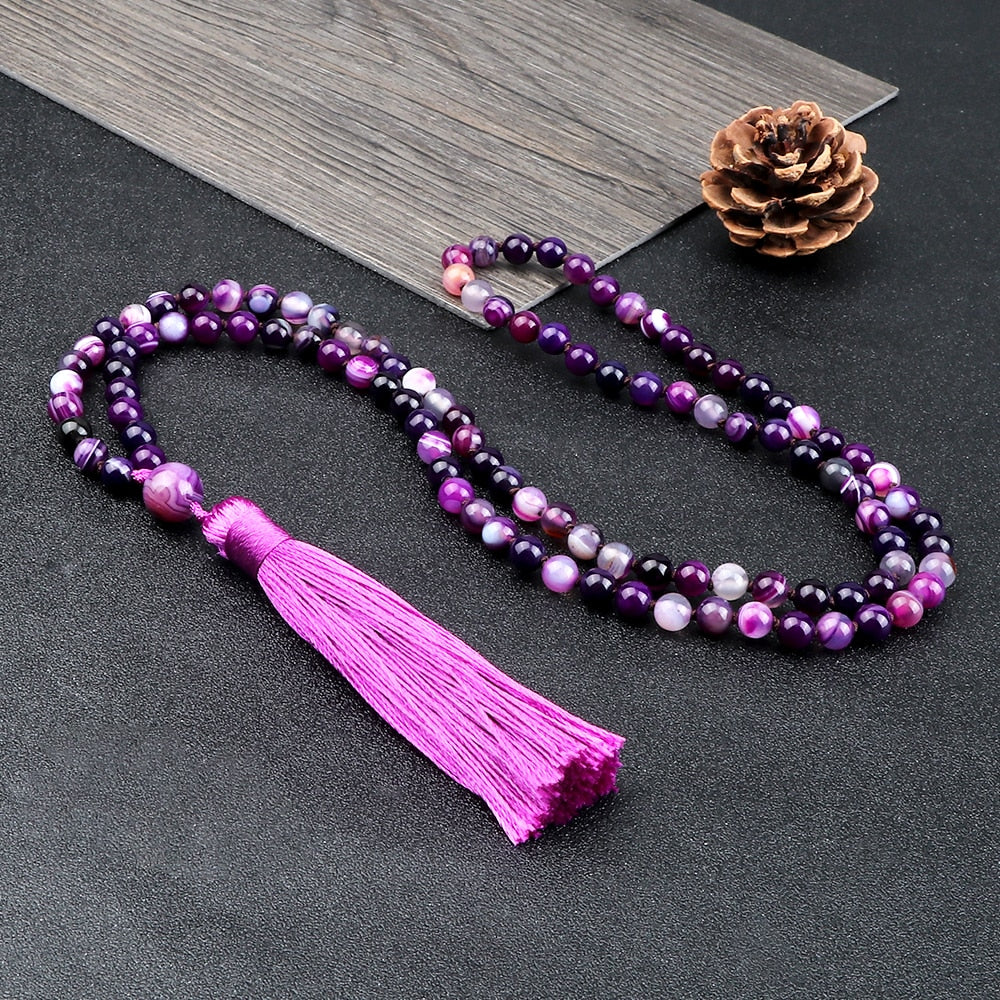 Women Mala Bohemian Tassel Necklace 108 Beads Natural Stone Purple Stripe Onyx Stone Beaded Necklace