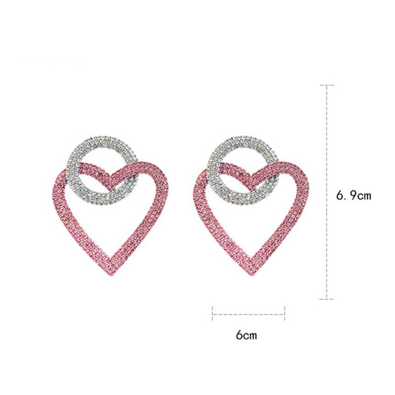 New Green Pink Heart Crystal Earrings for Women Oversize Circle Rhinestone Drop Earrings