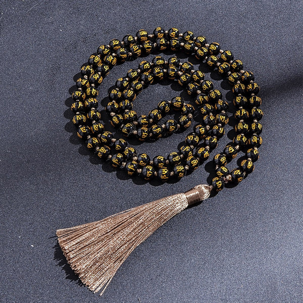 108 Six Words Mantra Obsidian Mala Beaded and Knotted Necklace