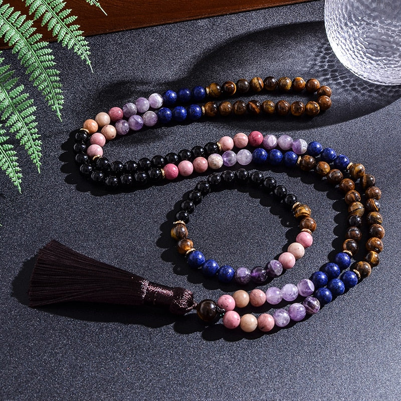 108 Rosary 8mm Tiger Eye Lapis Lazuli Amethyst Black Agate Beaded Japamala Necklace Bracelet