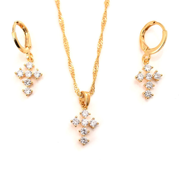 gold cz cross  crystal Pendant Necklace chain Earrings sets