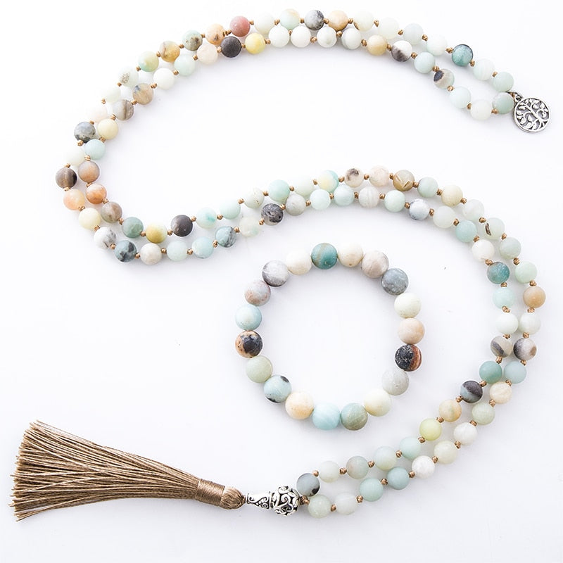 8mm Matte Amazonite Stone Beaded Knotted Necklace 108 Japa Mala Meditation Yoga Tibetan Pendent