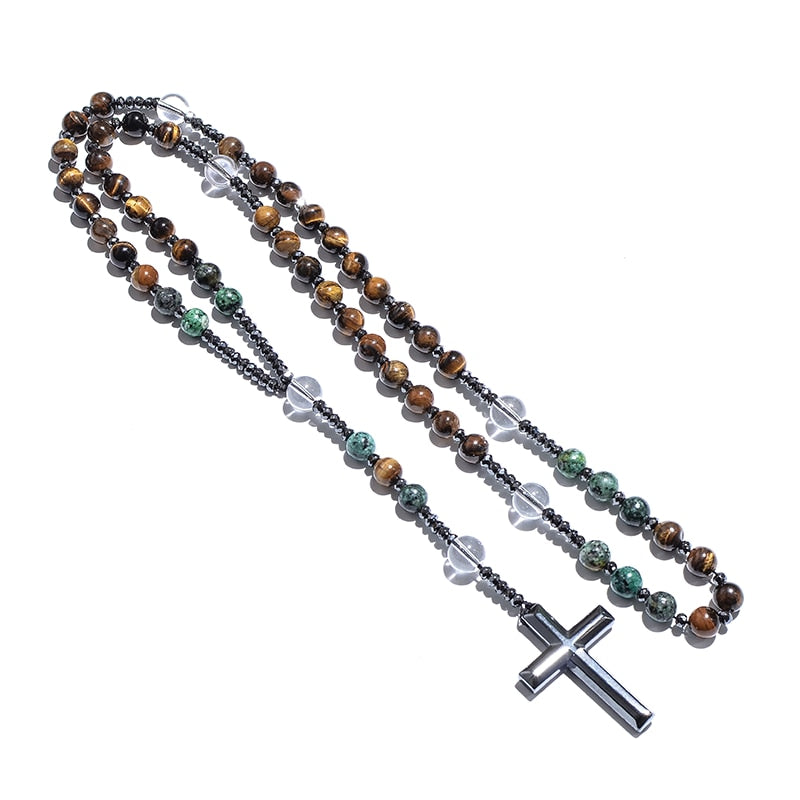 Natural Yellow Tiger Eye African Turquoise Beads Catholic Christian Cross Pendant Necklace