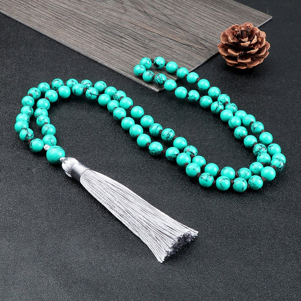 108 Mala 8mm Natural Stone Beads  Knotted Tassel Pendant Long Necklace