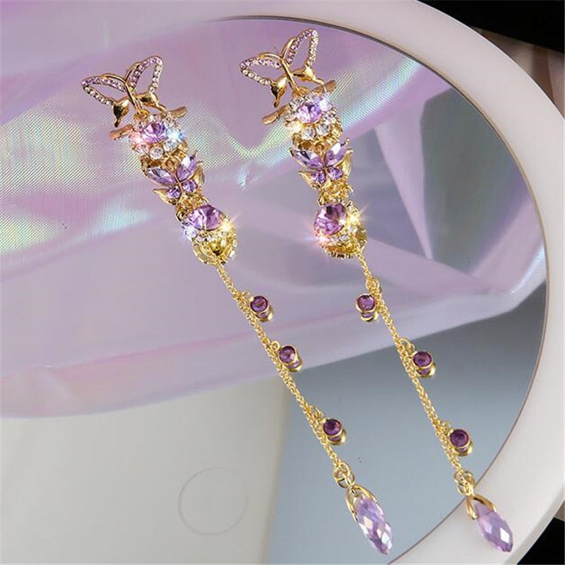 Long Tassel Beautiful Butterfly Drop Earrings for Women Purple Crystal Earrings