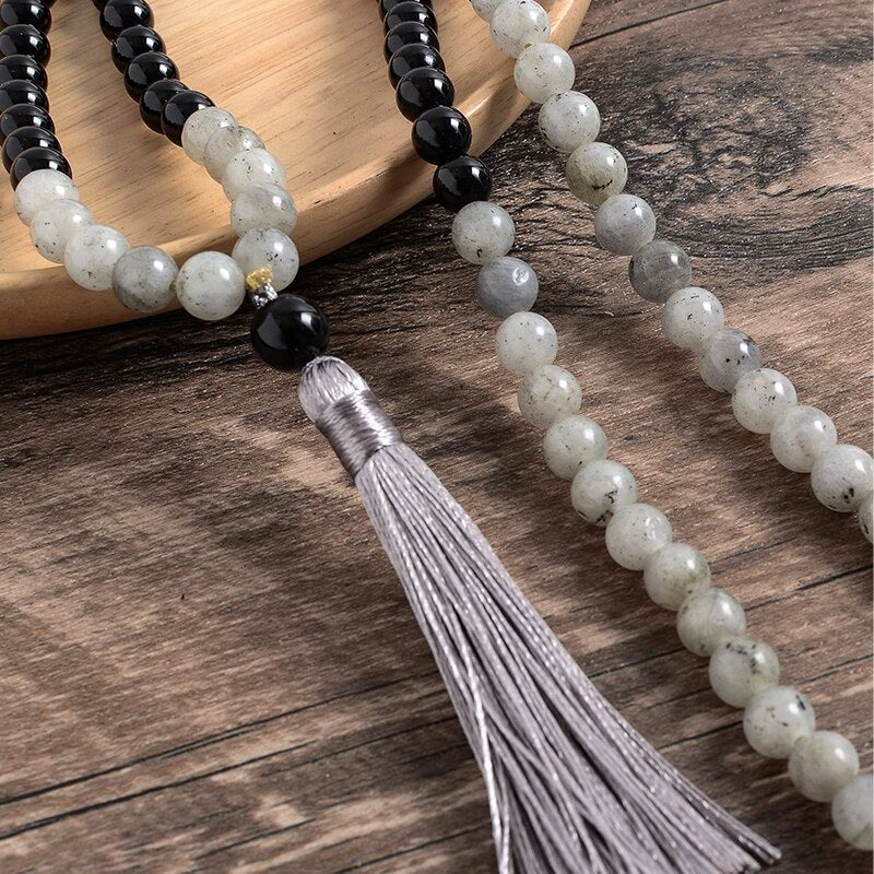 8mm Natural Labradorite Black Onyx Porcelain White Stone Mala Necklace