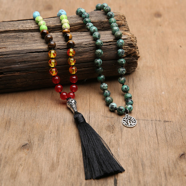 108 Mala Bead Hand Knotted Necklace Natural Stone Rosary Meditation Yoga Prayer Jewelry