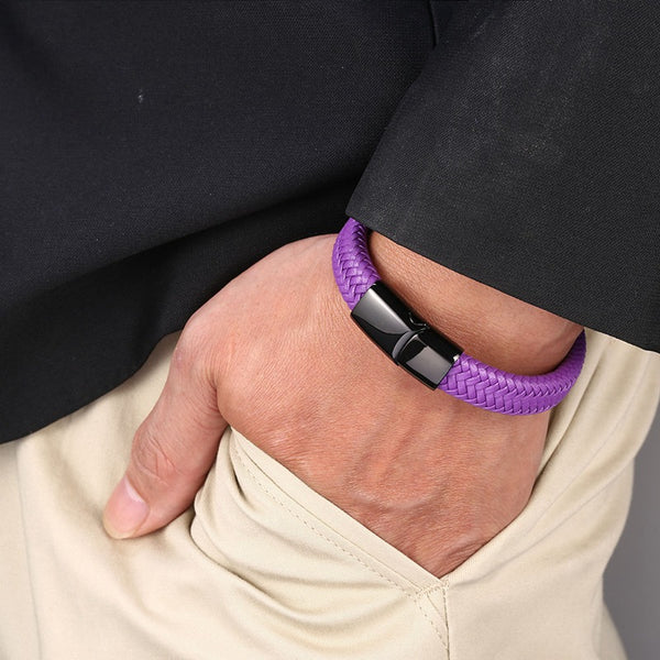 Simple Purple Braided Leather Rope Bracelet for Men