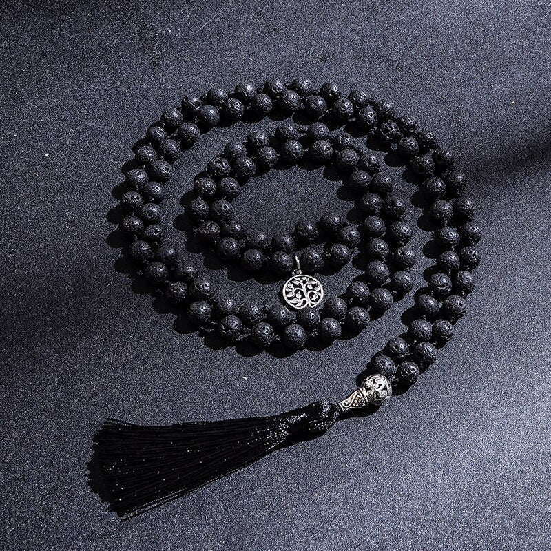 8mm Black Lava Stone Beaded Knotted 108 Mala Necklace