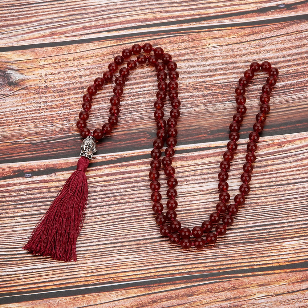 8mm Natural Carnelian Beaded Knotted Necklace