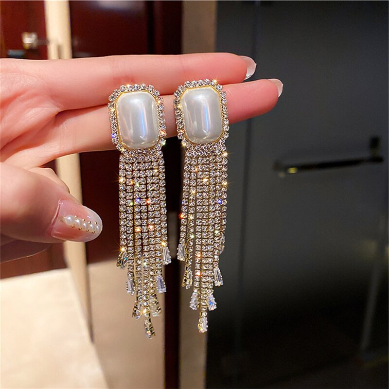 Long Tassel Full Rhinestone Drop Earrings for Women Square Pearl Dangle Earrings