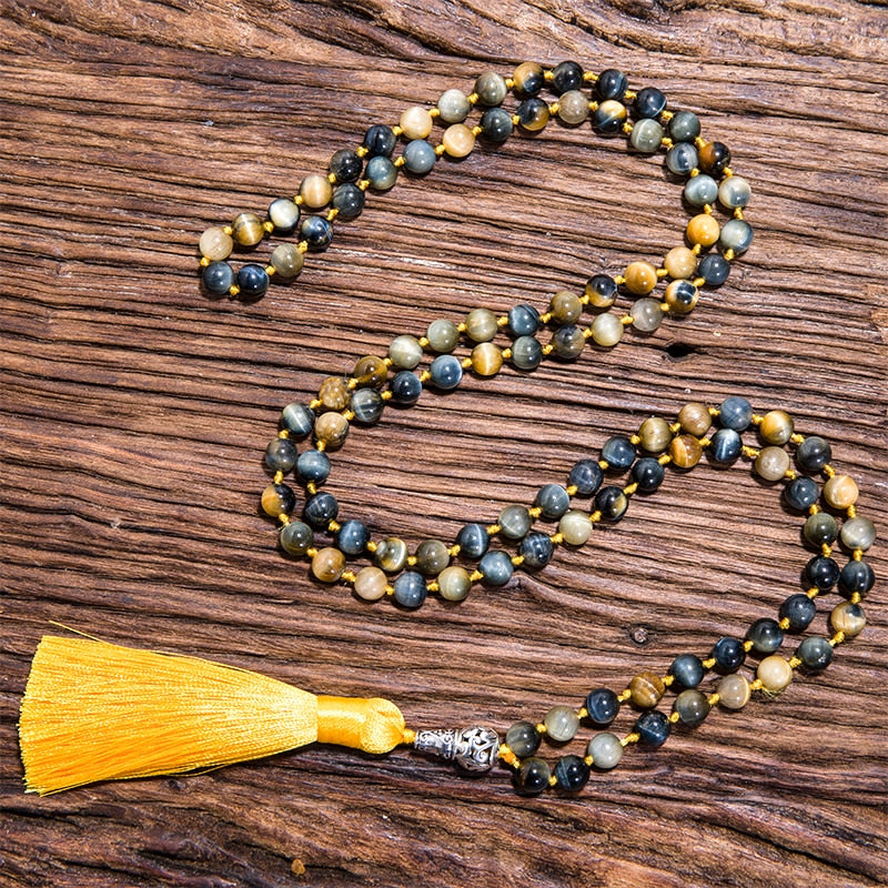 8mm Natural Dream Tiger Eye Beaded Knot 108 Japamala Necklace