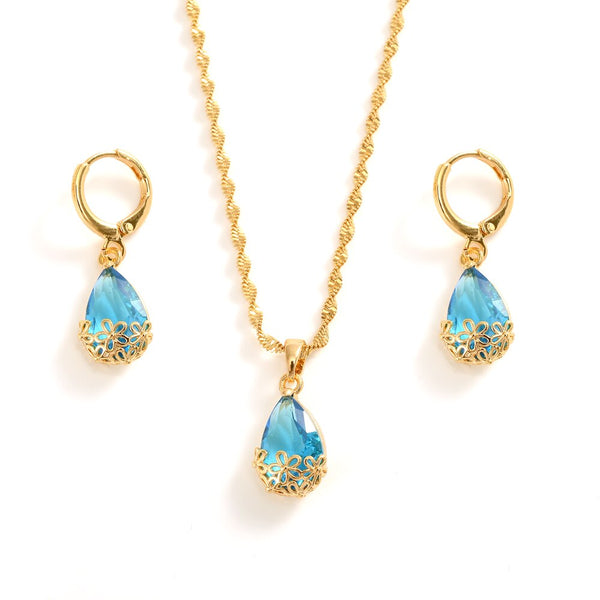 24k Gold cz crystal Waterdrop pendant necklace earrings Bridal jewelry sets for Women