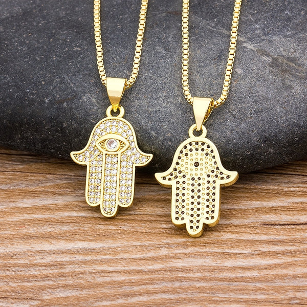 Women Men Hamsa Hand Necklace Gold Color Copper Zircon Evil Eye Pendant