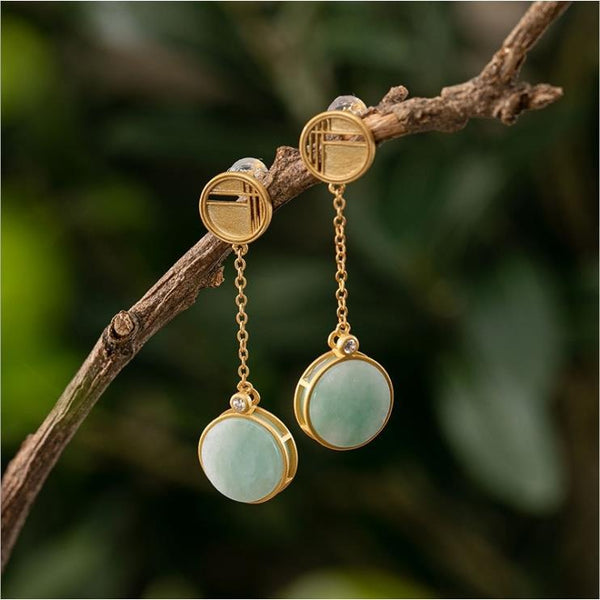 Natural Hetian jasper round tassel earrings