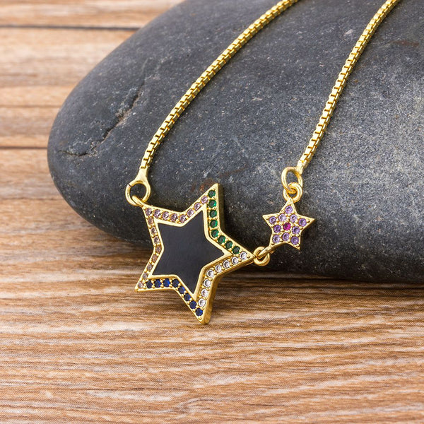 Gold Color Rainbow Lucky Star Necklace Cubic Zirconia CZ Pendant Long Collares For Women